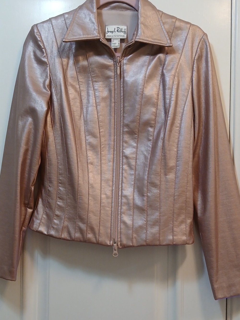 Joseph Ribkoff Metallic Rose Gold Zip-Front Leather Jacket